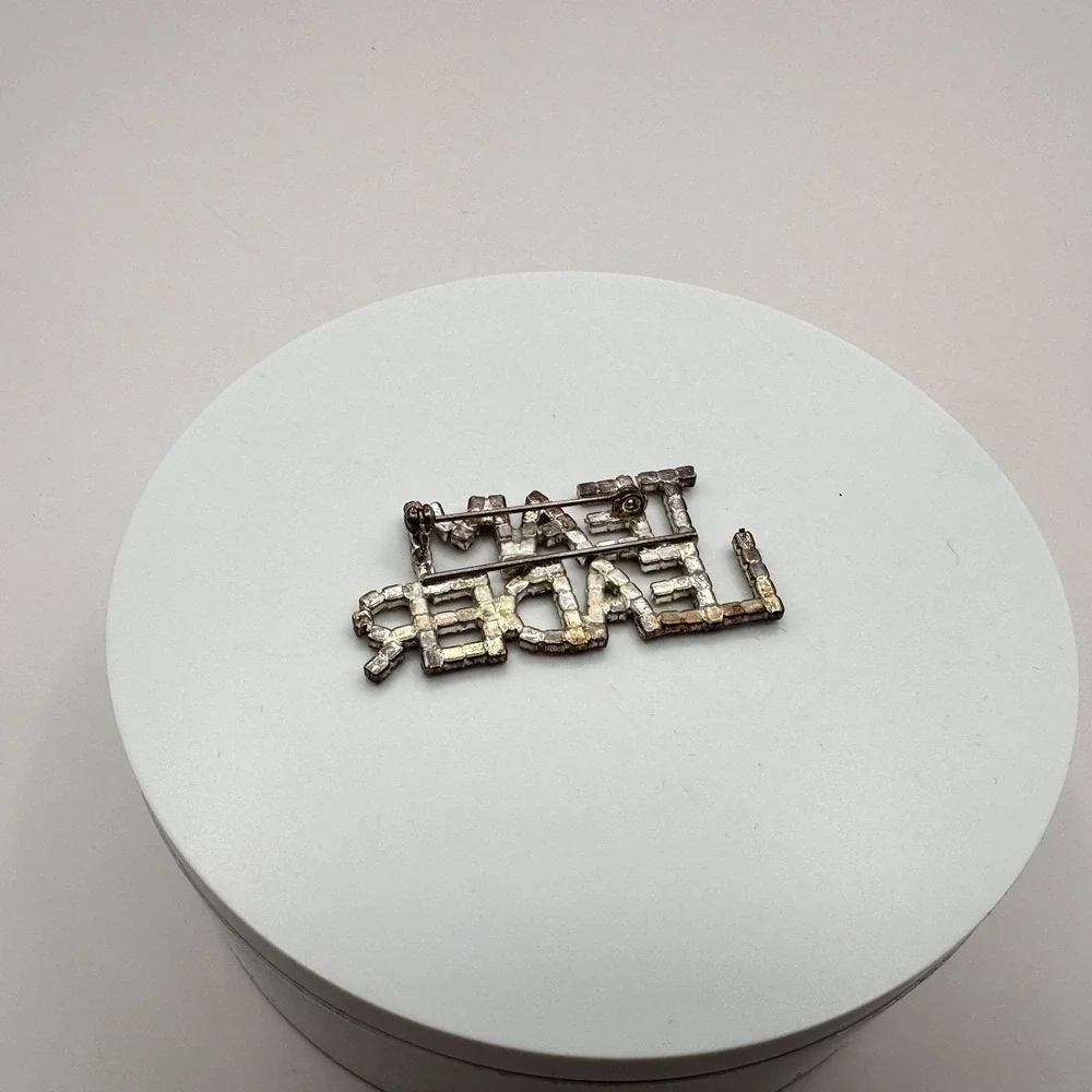 Vintage 80s Silver Tone Rhinestone‎ Team Leader Word Figural Brooch Pin Jewelry